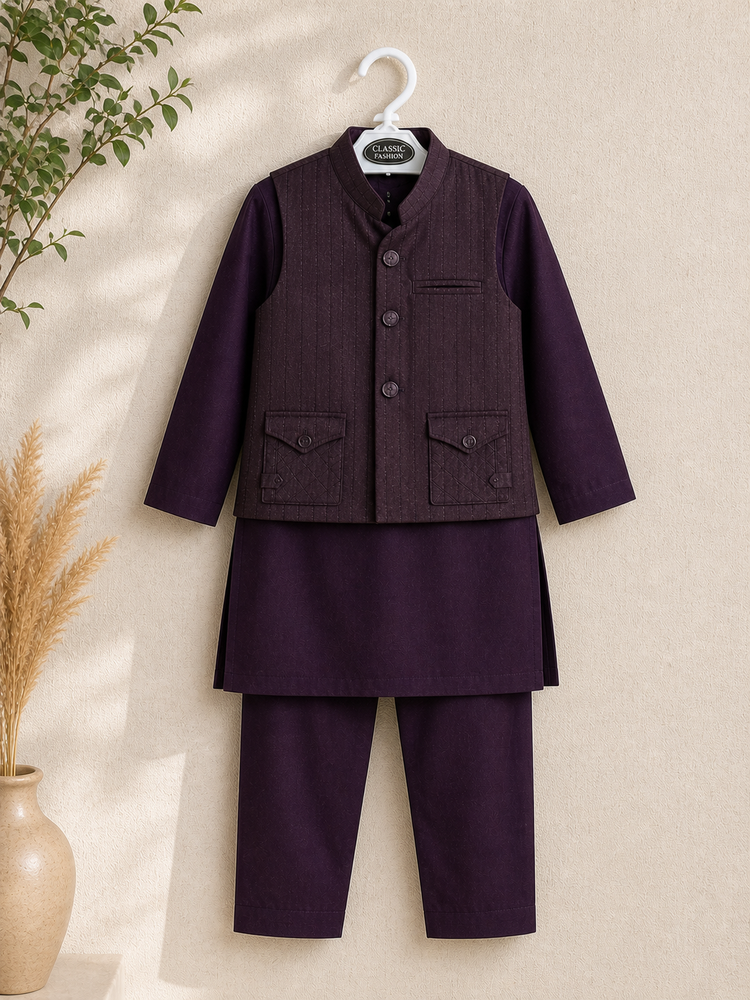Plum Waistcoat with Kurta Pajama