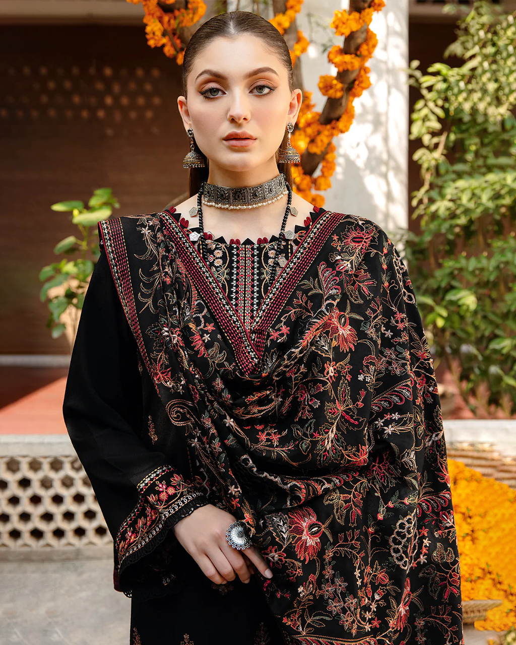 3 Piece Unstitched Embroidered  Dhanak Black Suit