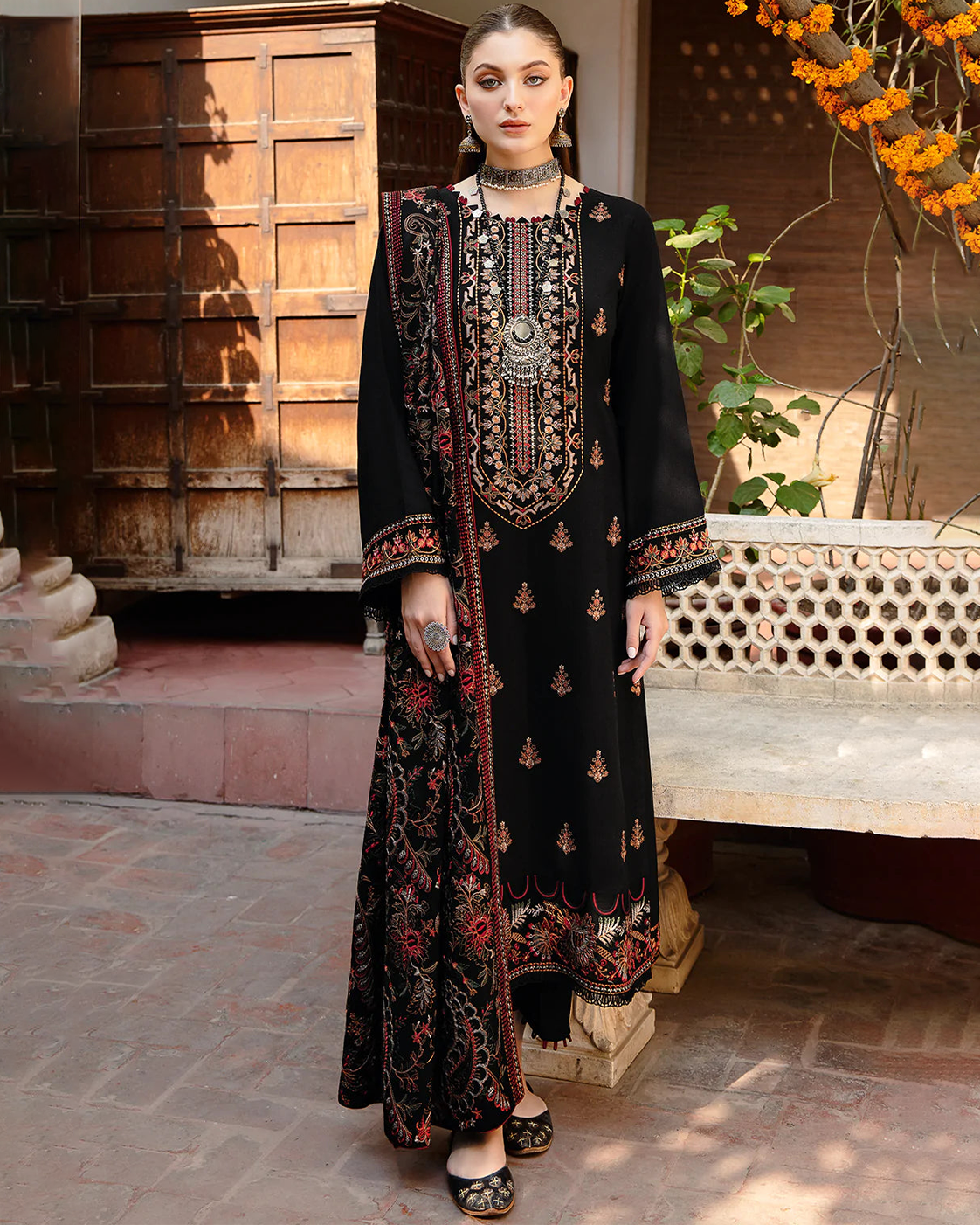 3 Piece Unstitched Embroidered  Dhanak Black Suit